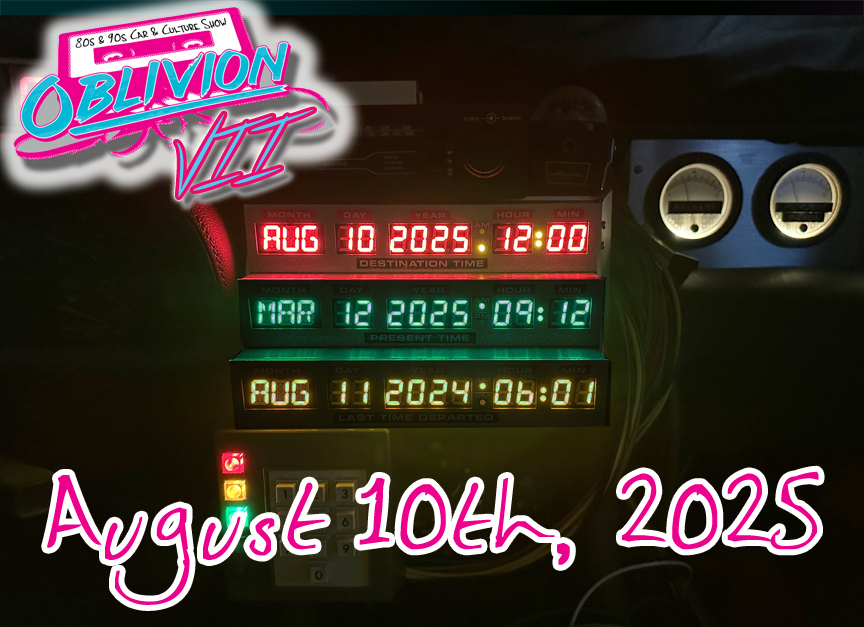 Back to the Future stye time circuit displays upcoming date as August 10 2025, with current date set to March 12 2025 and previous date set to August 11 2025